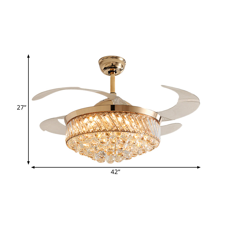 42" W K9 Crystal Tapered Fan Lamp Modern Dining Room LED Semi Flush Ceiling Light in Gold, 4 Blades