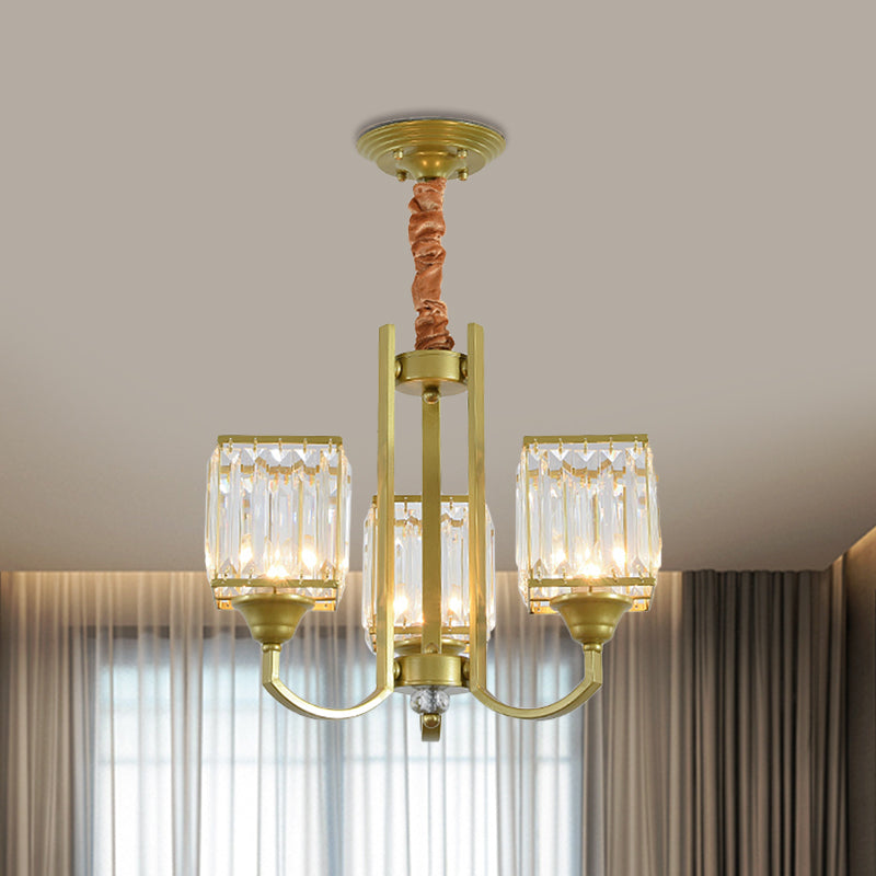 Cubic Shade Clear Crystal Ceiling Pendant Contemporary 3/6 Bulbs Dinning Room Chandelier with Gold Arm