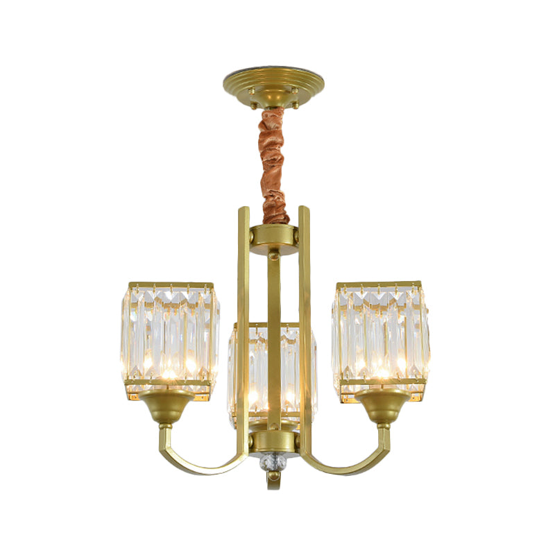 Cubic Shade Clear Crystal Ceiling Pendant Contemporary 3/6 Bulbs Dinning Room Chandelier with Gold Arm