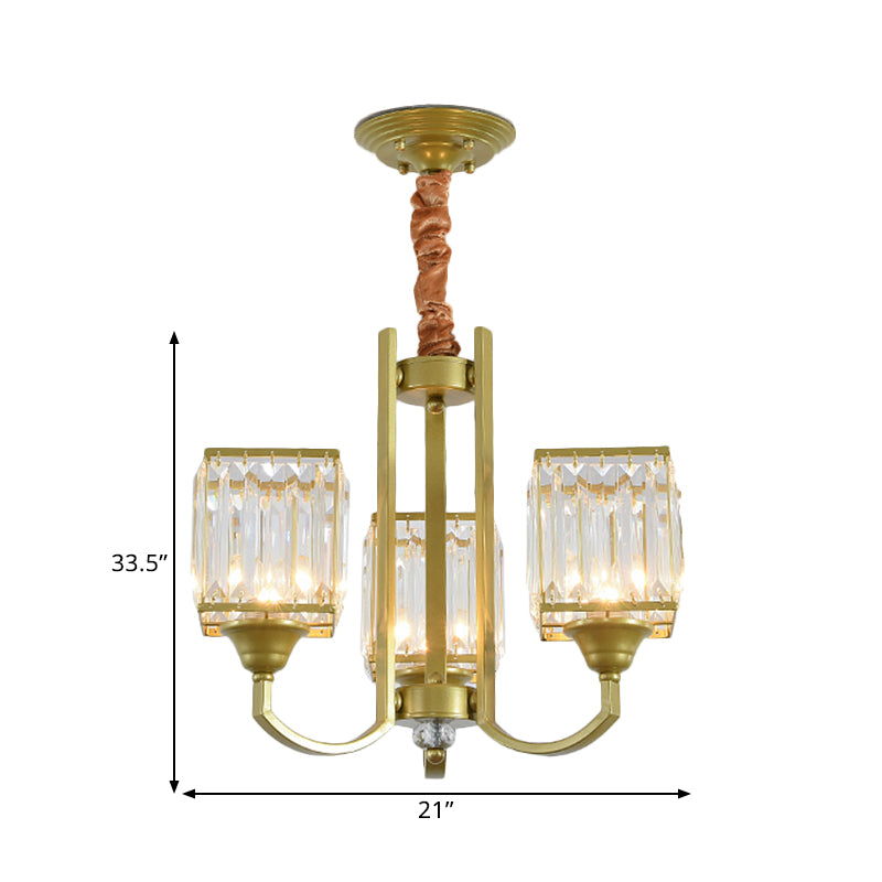 Cubic Shade Clear Crystal Ceiling Pendant Contemporary 3/6 Bulbs Dinning Room Chandelier with Gold Arm