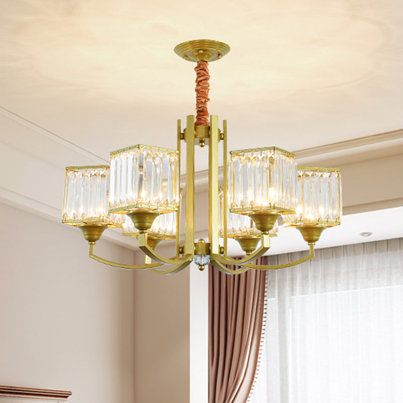 Cubic Shade Clear Crystal Ceiling Pendant Contemporary 3/6 Bulbs Dinning Room Chandelier with Gold Arm