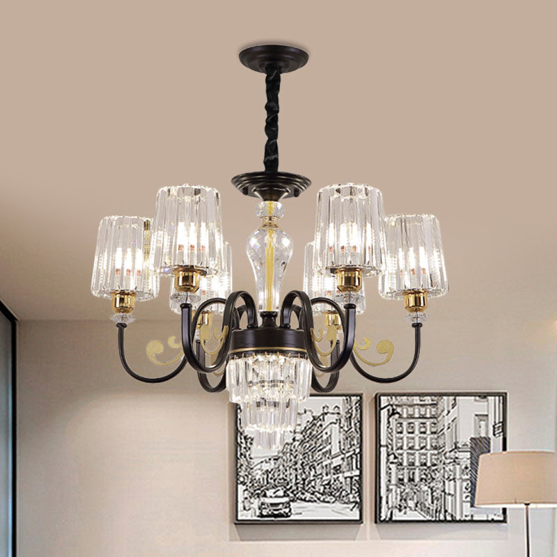 Black 6 Heads Chandelier Light Modern Metal Curvy Arm Hanging Light Fixture with Clear Cylinder Shade