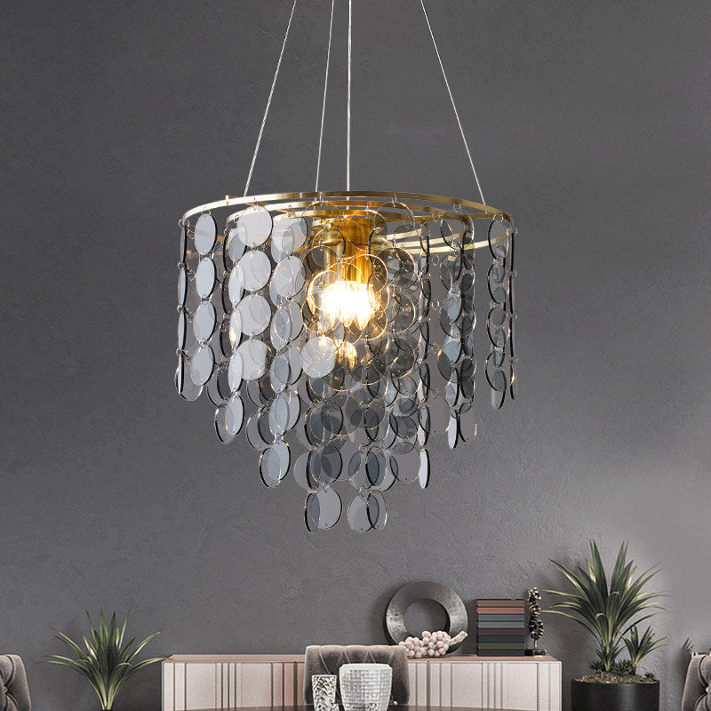 Gold Taper Chandelier Lamp Modern Circular-Crystal Strands 6 Heads Great Room Hanging Light Fixture