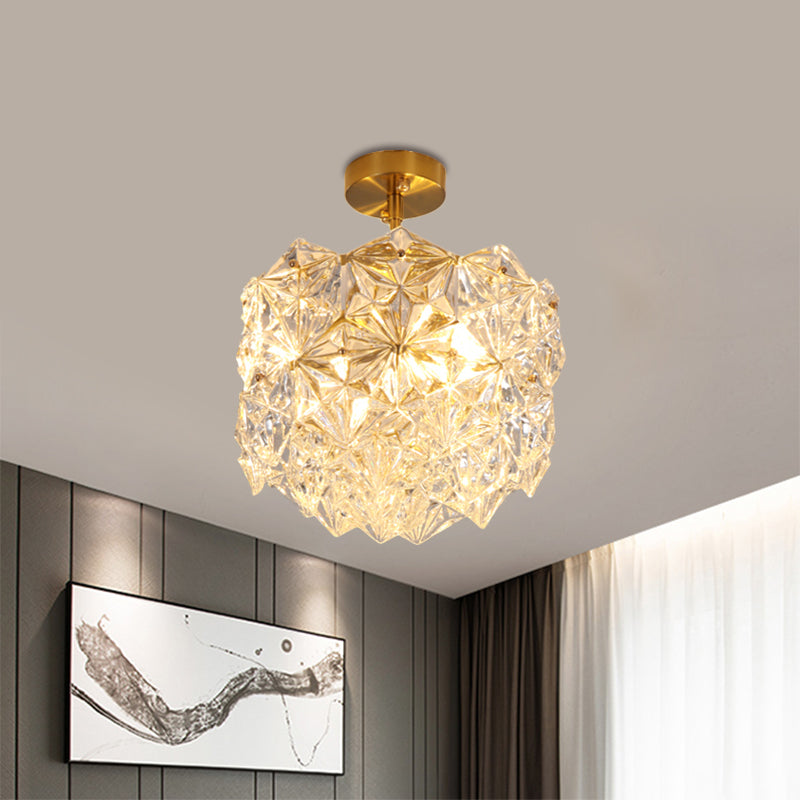 Gold Canopy 3 Bulbs Semi Flush Light Contemporary Hexagon-Shape Crystals Sphere Ceiling Mount