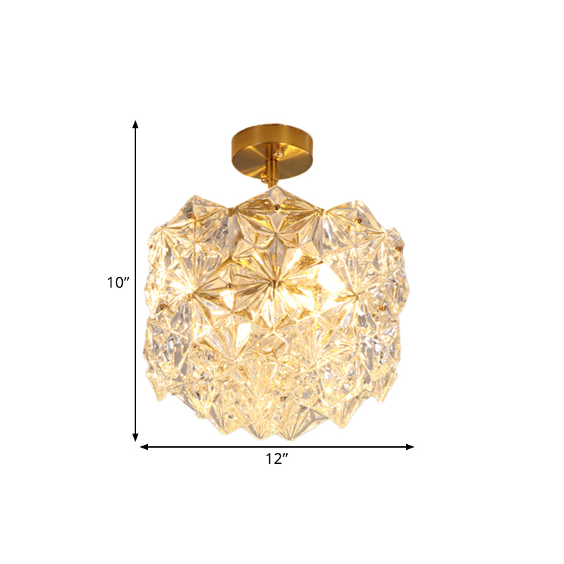 Gold Canopy 3 Bulbs Semi Flush Light Contemporary Hexagon-Shape Crystals Sphere Ceiling Mount