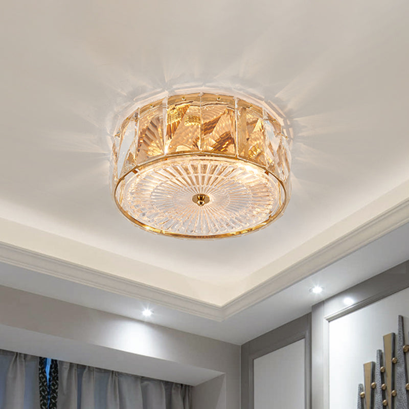Gold LED Flush Mount Lamp Modern Faceted Crystal Panels Drum Close to Ceiling Light for Bedroom