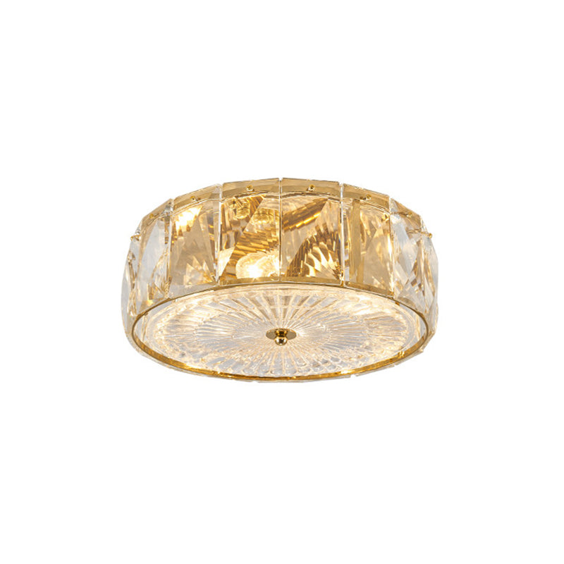 Gold LED Flush Mount Lamp Modern Faceted Crystal Panels Drum Close to Ceiling Light for Bedroom