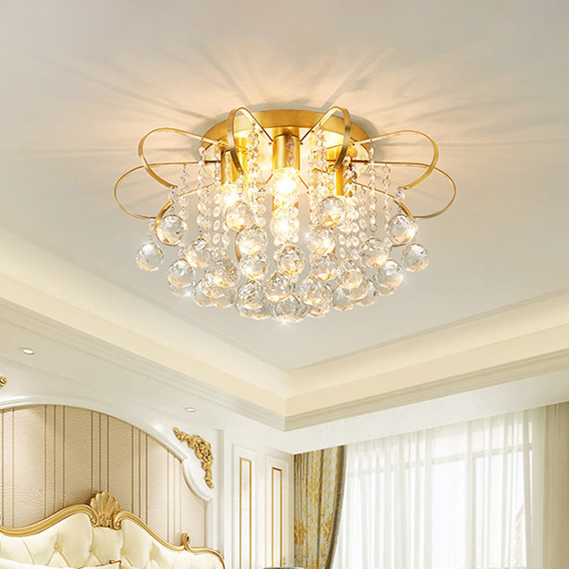 4 Heads Swirled Arm Semi Flush Light Contemporary Gold Metal Ceiling Lamp with Clear Crystal Orbs and Rods