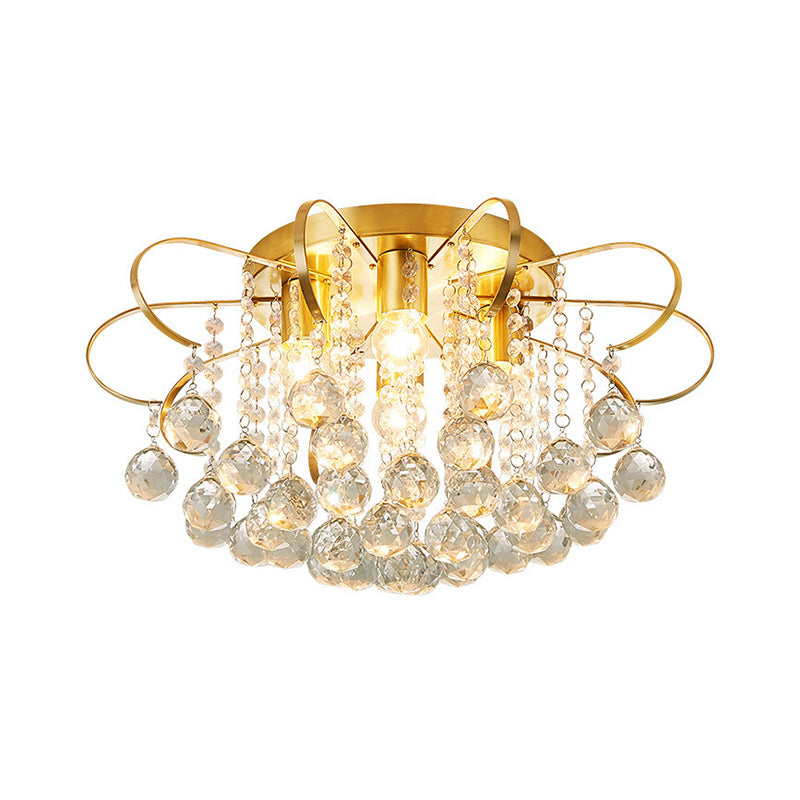 4 Heads Swirled Arm Semi Flush Light Contemporary Gold Metal Ceiling Lamp with Clear Crystal Orbs and Rods