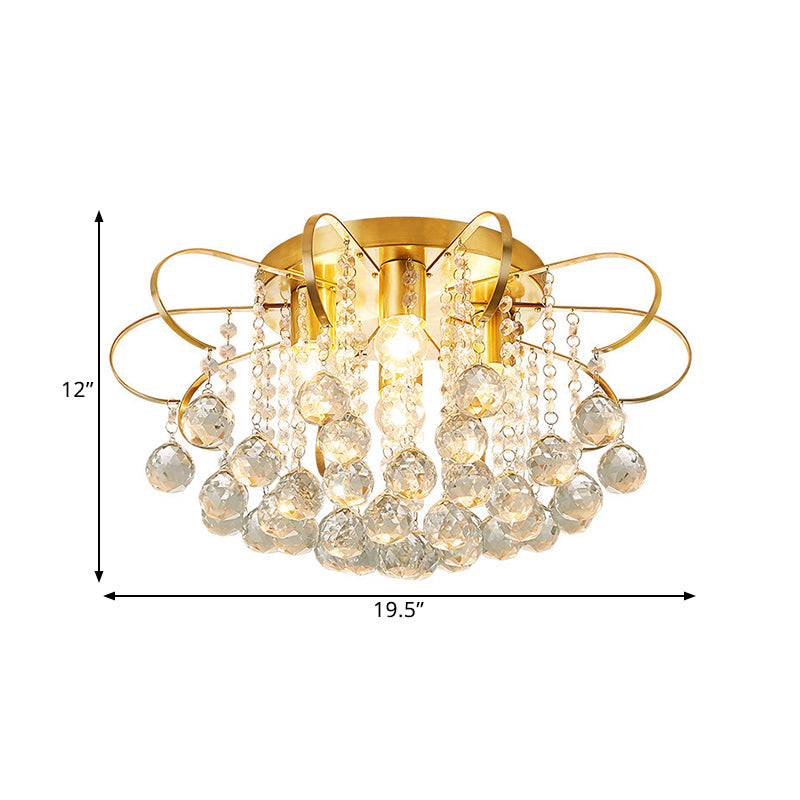 4 Heads Swirled Arm Semi Flush Light Contemporary Gold Metal Ceiling Lamp with Clear Crystal Orbs and Rods