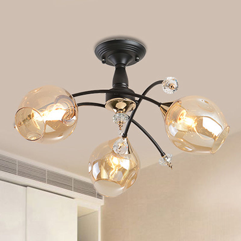 3/6 Lights Bedroom Semi Flush Mount with Cup Shape Amber/Blue Glass Shade Modernist Black Led Semi Flush Ceiling Fixture