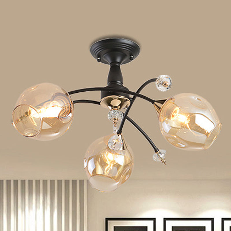 3/6 Lights Bedroom Semi Flush Mount with Cup Shape Amber/Blue Glass Shade Modernist Black Led Semi Flush Ceiling Fixture