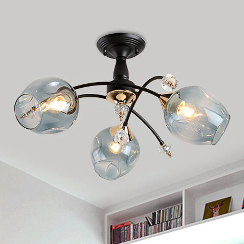 3/6 Lights Bedroom Semi Flush Mount with Cup Shape Amber/Blue Glass Shade Modernist Black Led Semi Flush Ceiling Fixture