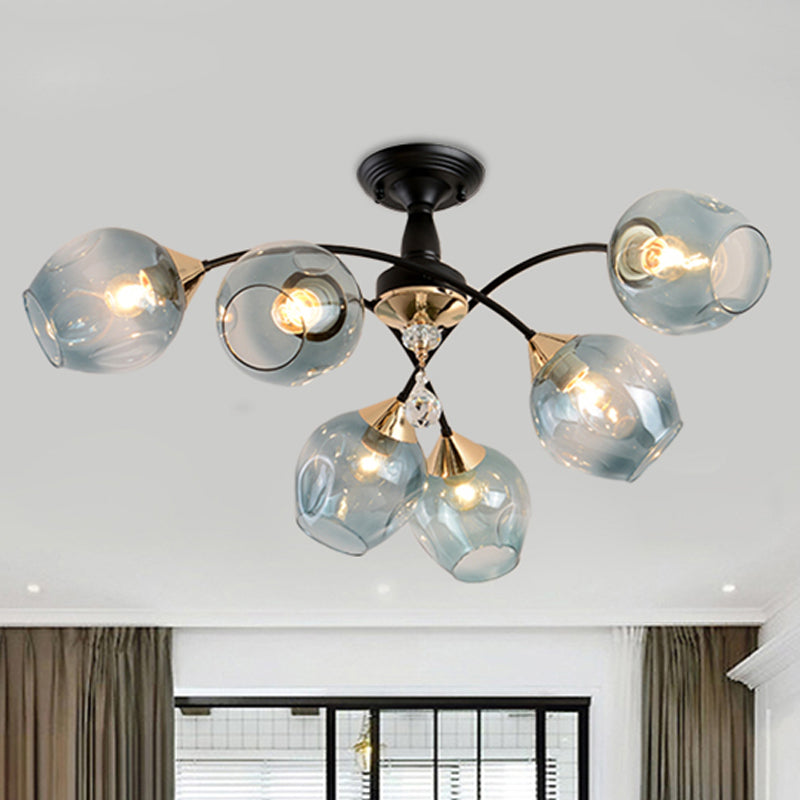 3/6 Lights Bedroom Semi Flush Mount with Cup Shape Amber/Blue Glass Shade Modernist Black Led Semi Flush Ceiling Fixture