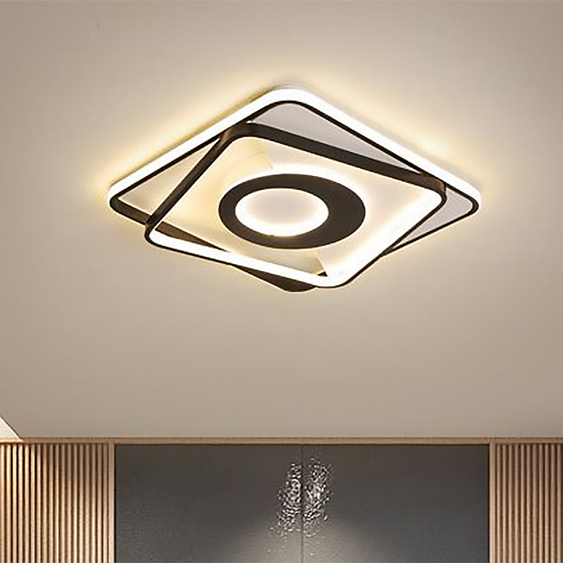 Black and White Square Flush Ceiling Light Acrylic 16"/19.5"/23.5" W LED Ceiling Fixture for Bedroom in Warm/White