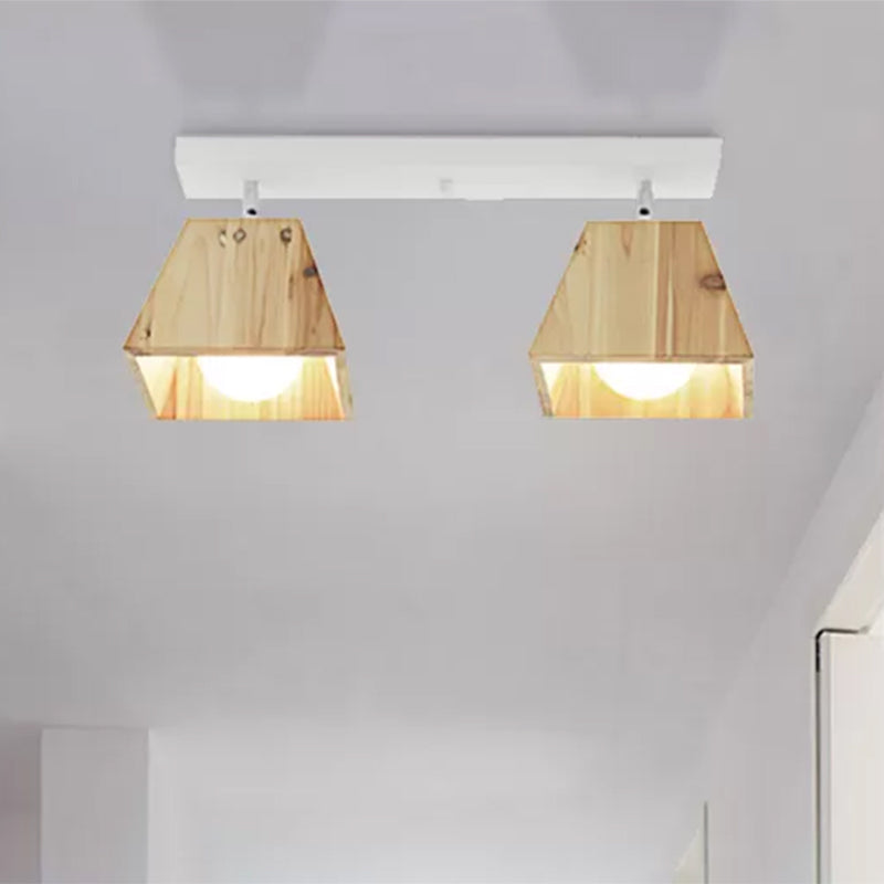 Lampada semi-filo lineare in bianco/nero con tonalità in legno trapezoidale moderno moderno apparecchio a soffitto semifulto a 2/3-bulb