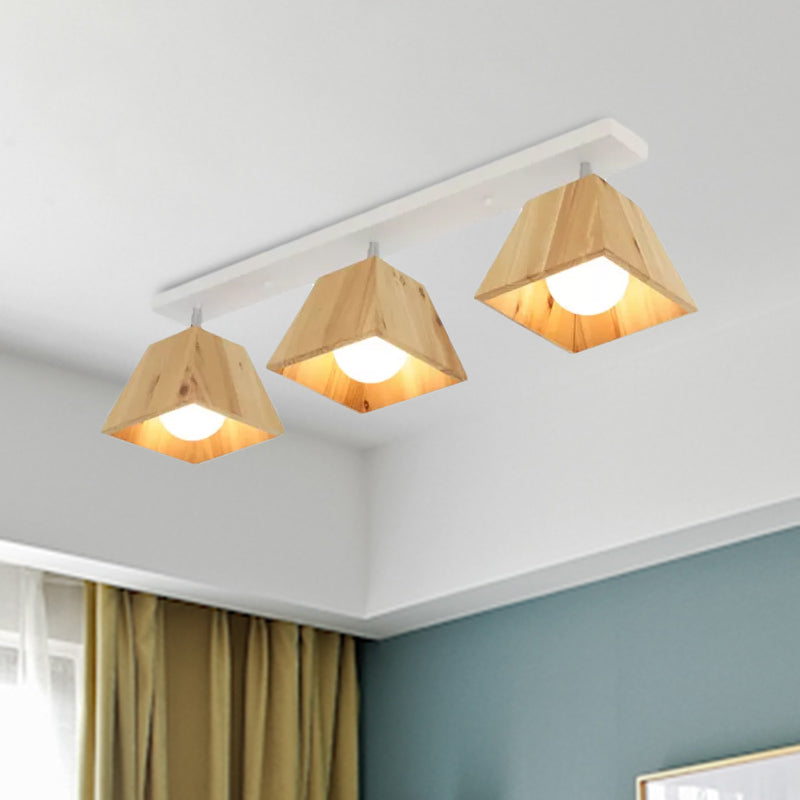 Zwart/wit lineaire semi-spoelinglamp met trapezoid houten tint modern 2/3-bulb semi-spoelplafond armatuur