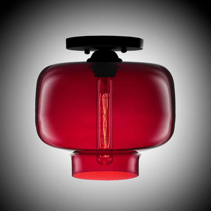 Moderne Rot/Himmelblau/Bernstein/Rauchgrau/Kaffee Laterne Flushmount Glühlampe 1 Birne Flush Mount Lampe mit Glasschirm in Schwarz