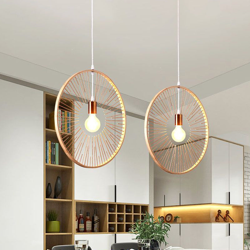 Wood Round Pendant Lighting Simple Bamboo 1 Bulb Hanging Lamp Kit for Restaurant