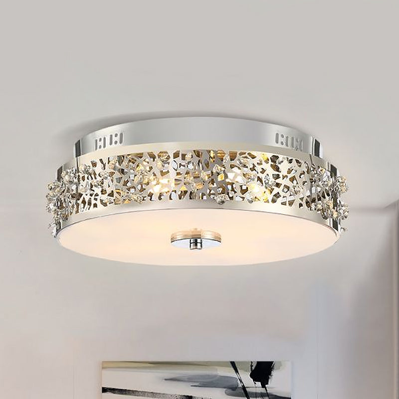 Metallic Drum Flush Lamp with Crystal Accents 4 Lights Contemporary Ceiling Flush Mount in Chrome