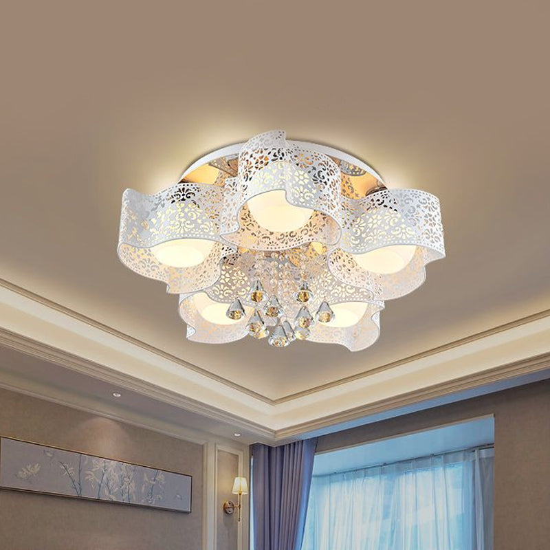 Modernist Etched Flower Massimale Lampada Crystal 3/5 Luci Soffitto Lampada con Opal Glass Ball Shade in Pink / White