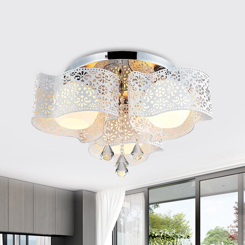 Modernist Etched Flower Massimale Lampada Crystal 3/5 Luci Soffitto Lampada con Opal Glass Ball Shade in Pink / White