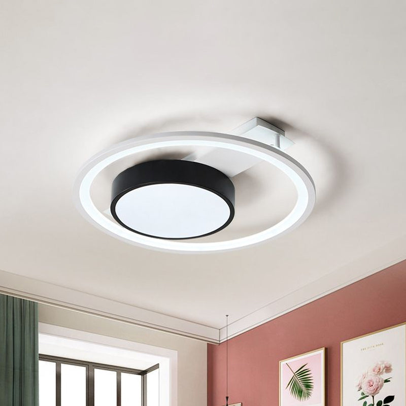 Simple Drum Flush Lamp with Halo Ring Black and White Metal Led Flush Ceiling Light in Warm/White, 16"/19.5" Wide