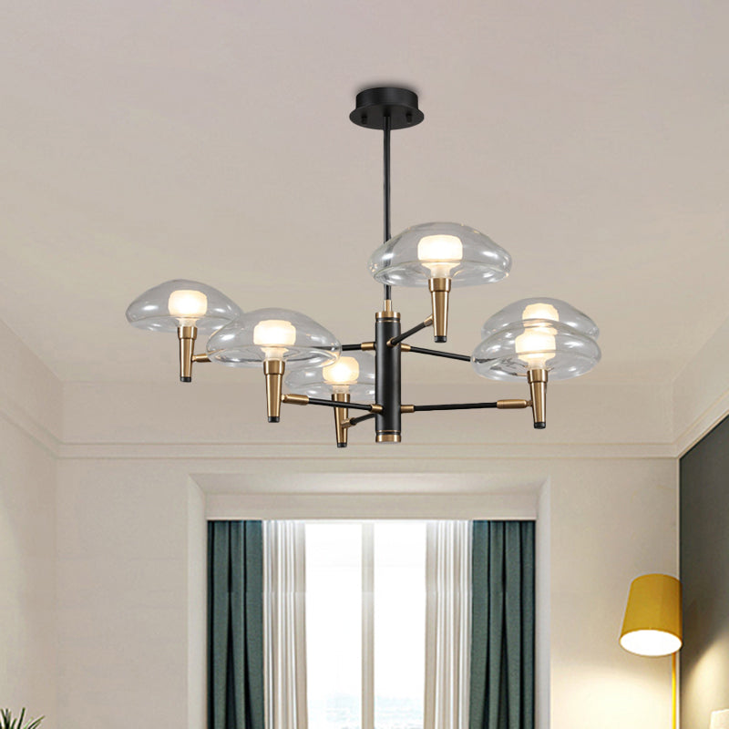 Clear Mushroom Shade Pendant Light Contemporary Metal Chandelier in Black for Boutique