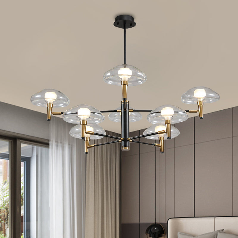 Clear Mushroom Shade Pendant Light Contemporary Metal Chandelier in Black for Boutique