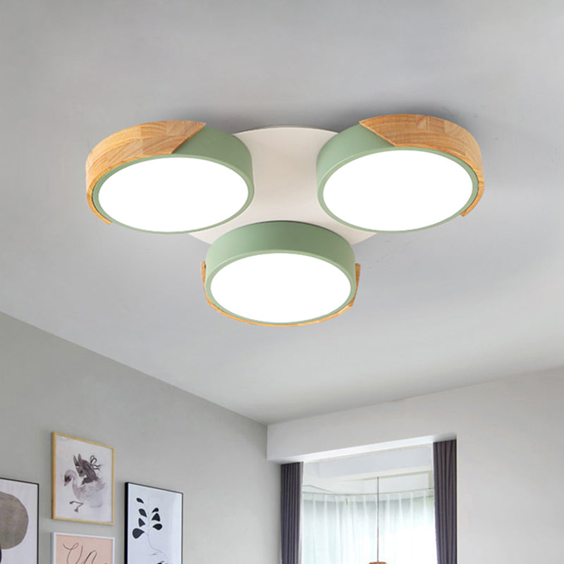 Nordic Modern LED Flush Ceiling Light 3-Drum Shade Metal Ceiling Fixture in Green/White for Porch Balcony