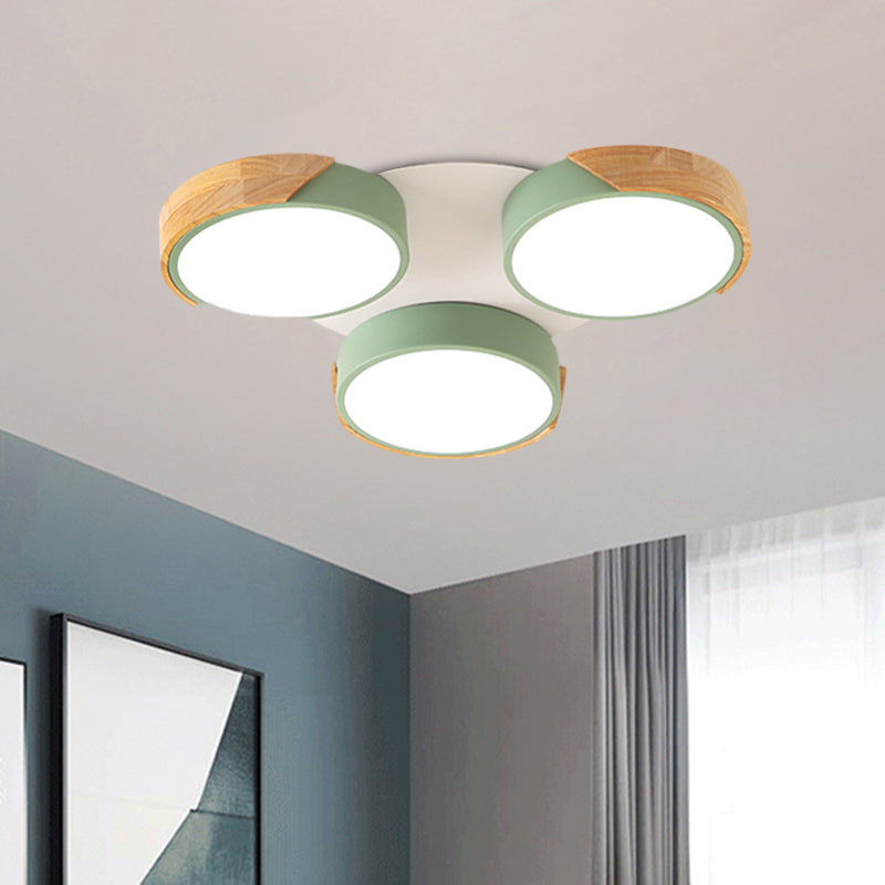 Nordic Modern LED Flush Ceiling Light 3-Drum Shade Metal Ceiling Fixture in Green/White for Porch Balcony