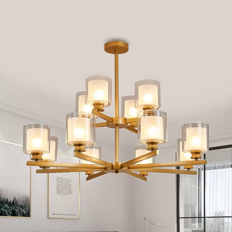 2-Tier Cylinder White Glass Chandelier with Radial Design Modernist 12 Lights Black/Gold/Sliver Hanging Light Fixture