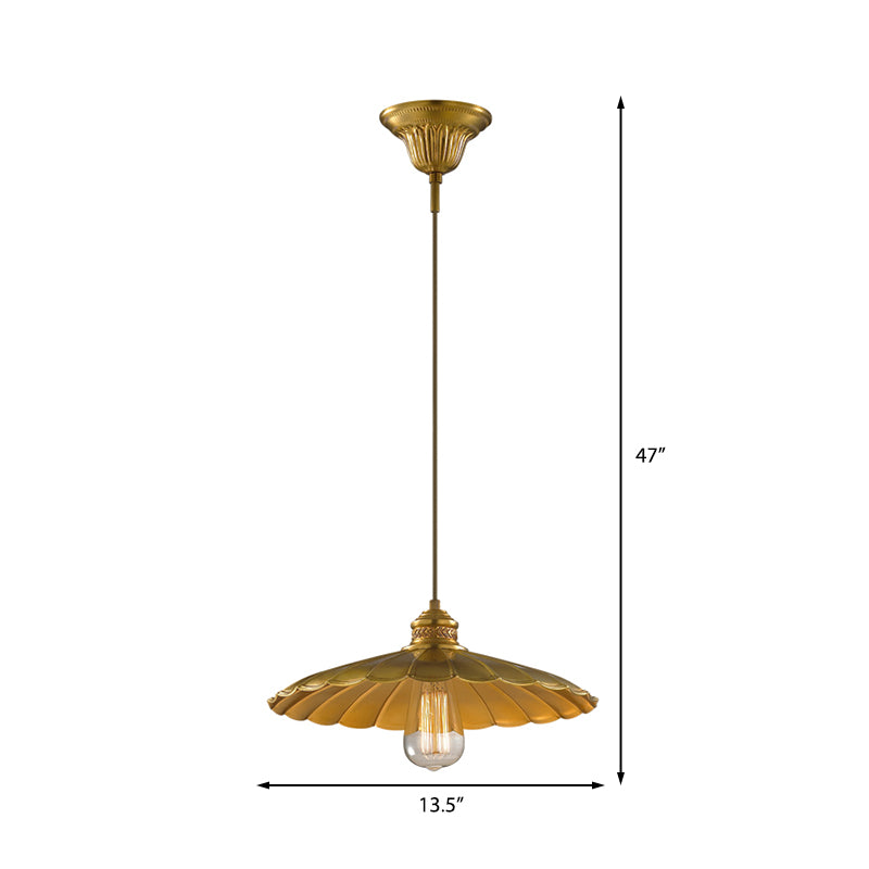 1 Light Pendant Lamp Vintage Style Scalloped Shade Metal Suspension Light in Brass for Farmhouse