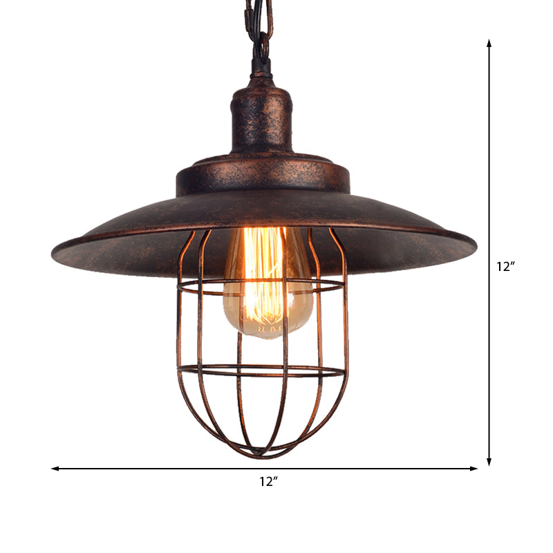 Nautical Saucer Ceiling Light with Cage Shade 1 Light Wrought Iron Hanging Pendant Light in Rust