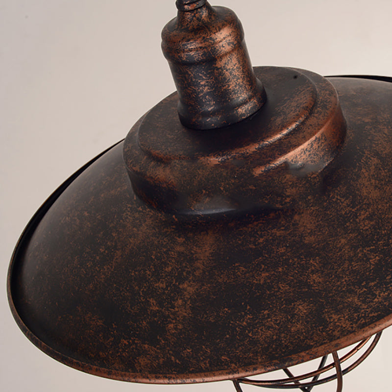 Nautical Saucer Ceiling Light with Cage Shade 1 Light Wrought Iron Hanging Pendant Light in Rust