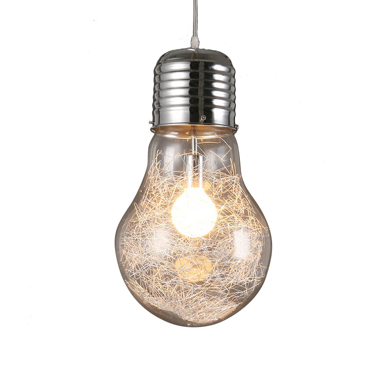 Bulb Shaped Pendant Lighting Industrial 1 Light Clear Glass Hanging Ceiling Light in Chrome, 6"/8.5"/12" Wide