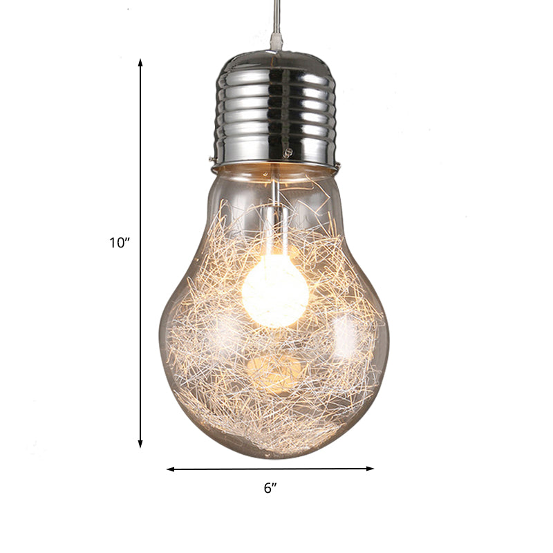 Bulb Shaped Pendant Lighting Industrial 1 Light Clear Glass Hanging Ceiling Light in Chrome, 6"/8.5"/12" Wide