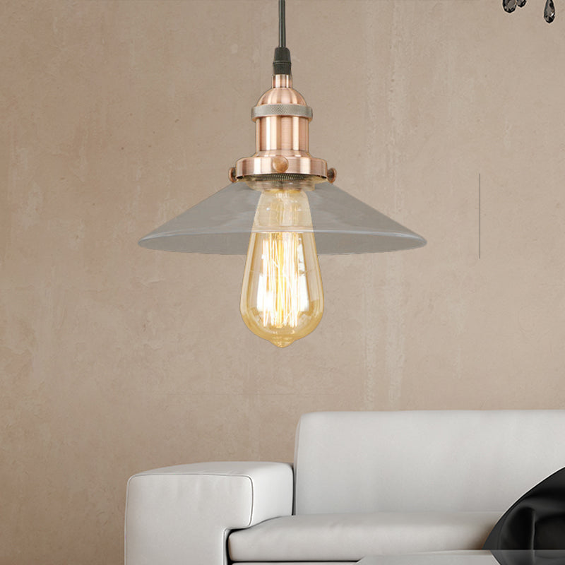 1 Light Clear Glass Pendant Lamp Industrial Black/Rust/Copper Cone Living Room Hanging Light Fixture