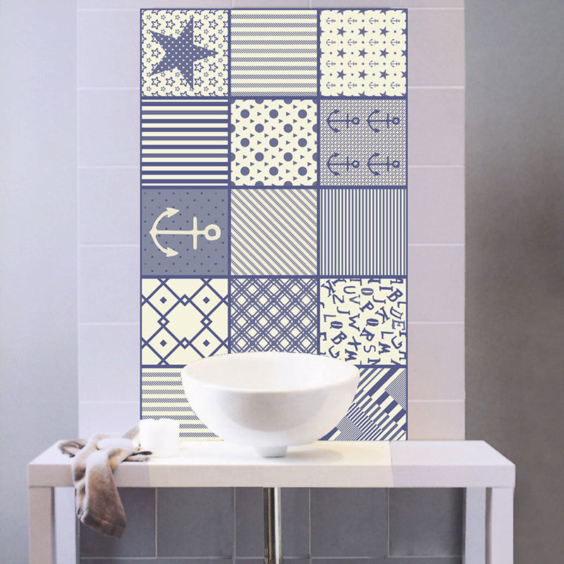 Mediterranean Nautical Wallpaper Panels Beige-Blue Striped Adhesive Wall Covering for Bath