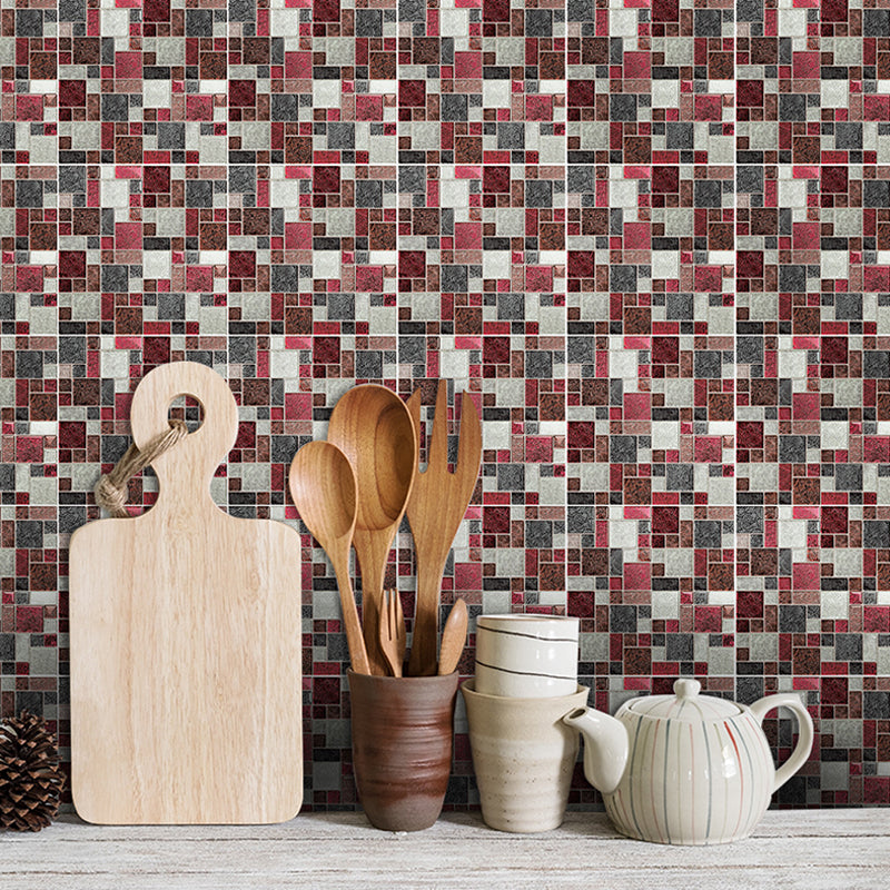 Bohemian Mosaics Wallpaper Panel Red and Grey Peel and Paste Wall Decor for Kitchen