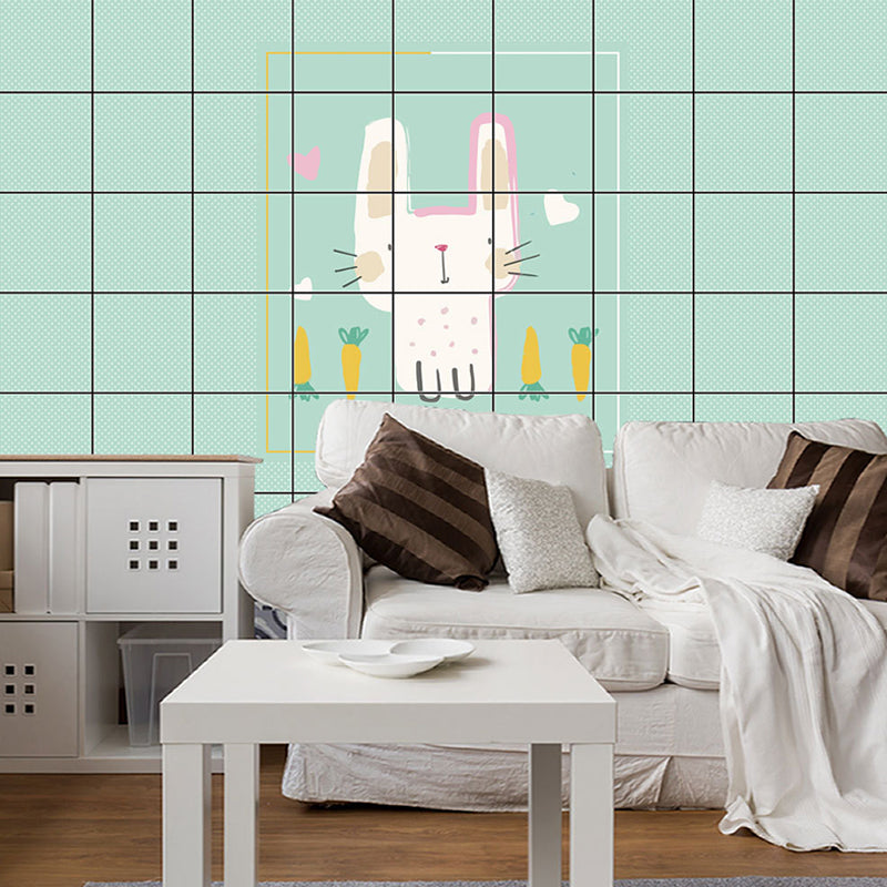 Green Cartoon Wallpaper Panels 12.9-sq ft Rabbit and Carrot Pattern Removable Wall Art for Home