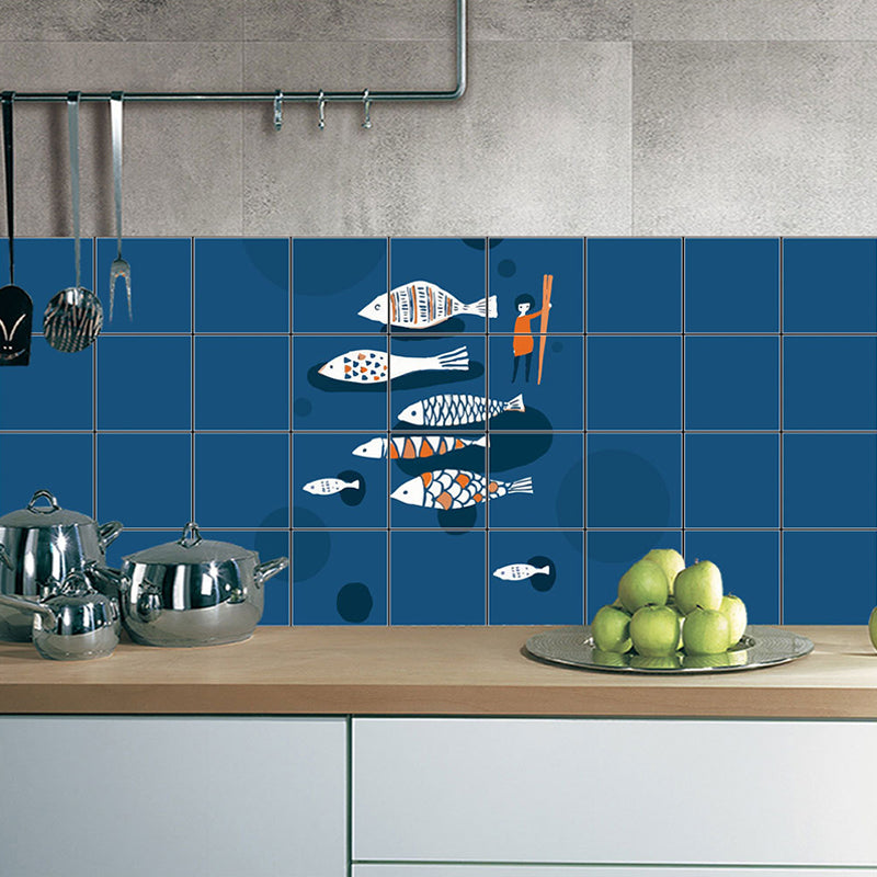 Cartoon Fish Racing Wallpaper Panel Set Blue Pick-Up Sticks Wall Art for Kitchen