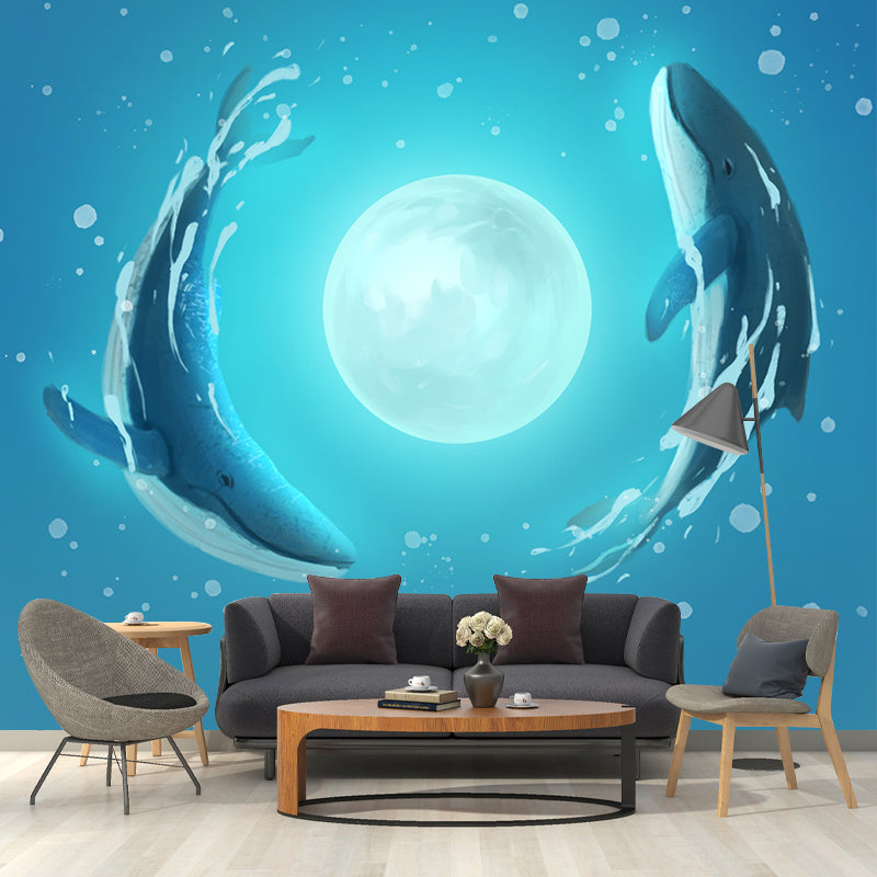 Custom Illustration Kids Wall Mural with Whale Dance Around Moon Pattern in Blue