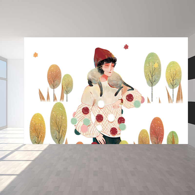 Large Childrens Art Mural Wallpaper White Girl Walk with Her Pet Wall Covering, Custom Size