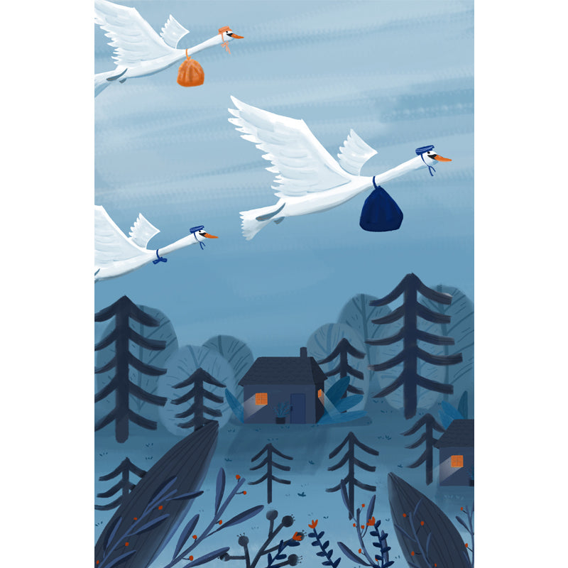 Blue-White Bird Migration Mural Stain Resistant Cartoon Kids Bedroom Wall Covering