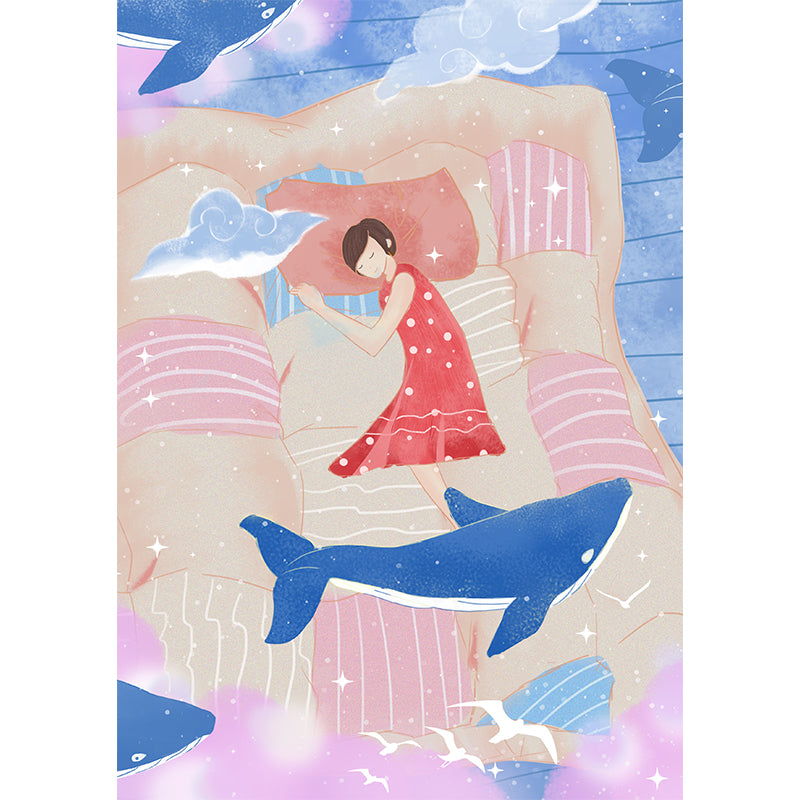 Non-Woven Washable Mural Childrens Art Whale in Girls Dream Wall Covering in Pink-Blue