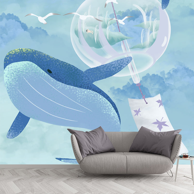 Blue Cartoon Wallpaper Mural Whole Whale and Gulls in Sky Pattern Wall Art for Bedroom