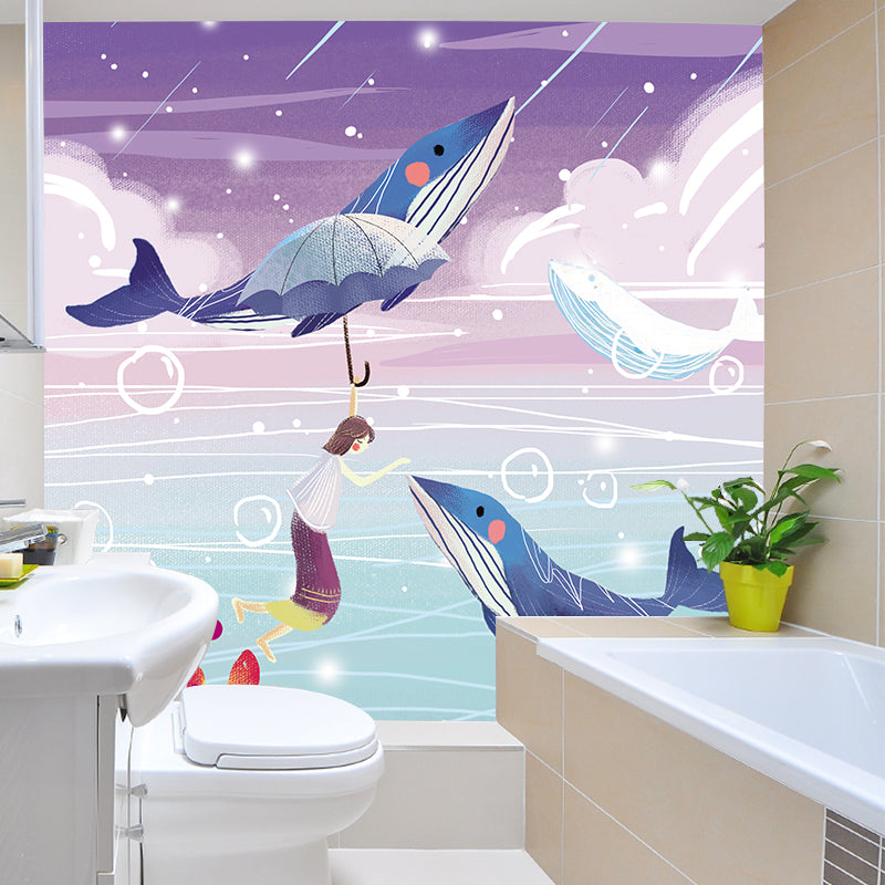 Large Cartoon Wall Mural Childrens Art Dreamlike Girl Playing with Whales Wall Covering in Blue-Purple