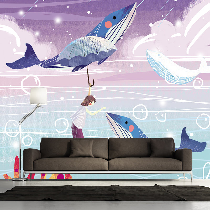 Large Cartoon Wall Mural Childrens Art Dreamlike Girl Playing with Whales Wall Covering in Blue-Purple