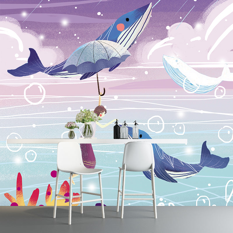 Large Cartoon Wall Mural Childrens Art Dreamlike Girl Playing with Whales Wall Covering in Blue-Purple